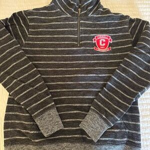 Grey Striped Quarter-Zip ribbed Sweatshirt  with embroidered crest. Cornell Univ